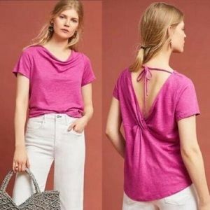 Anthro Maeve Linen Horizon Tee, open back Magenta